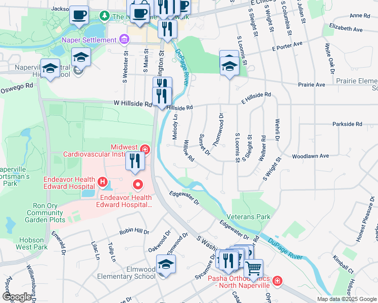 map of restaurants, bars, coffee shops, grocery stores, and more near 704 Willow Road in Naperville