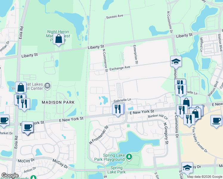 map of restaurants, bars, coffee shops, grocery stores, and more near 424 North Commerce Street in Aurora