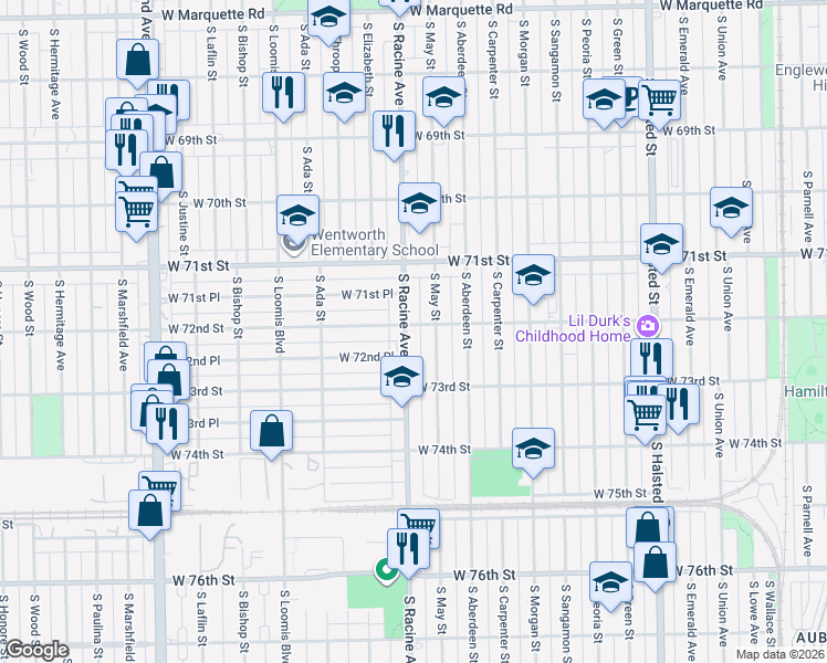 map of restaurants, bars, coffee shops, grocery stores, and more near 7203 South Racine Avenue in Chicago