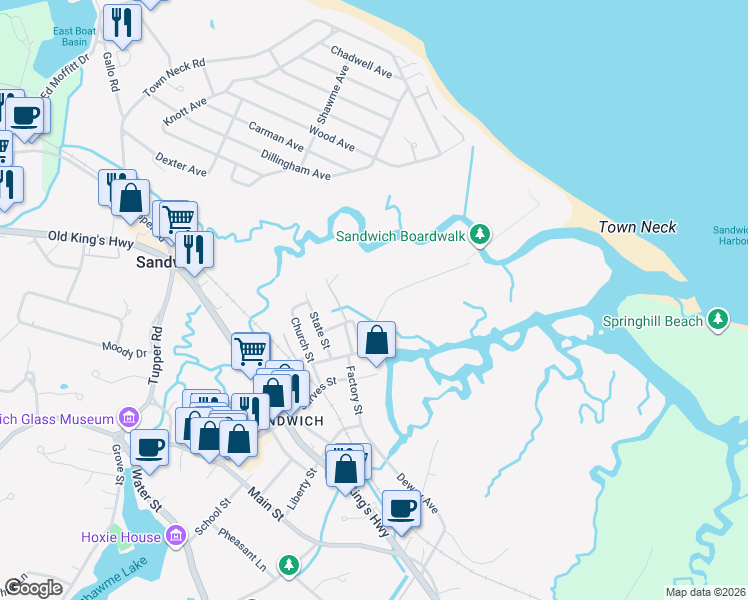 map of restaurants, bars, coffee shops, grocery stores, and more near 3 Boardwalk Road in Sandwich