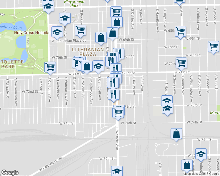 map of restaurants, bars, coffee shops, grocery stores, and more near 7155 South Artesian Avenue in Chicago