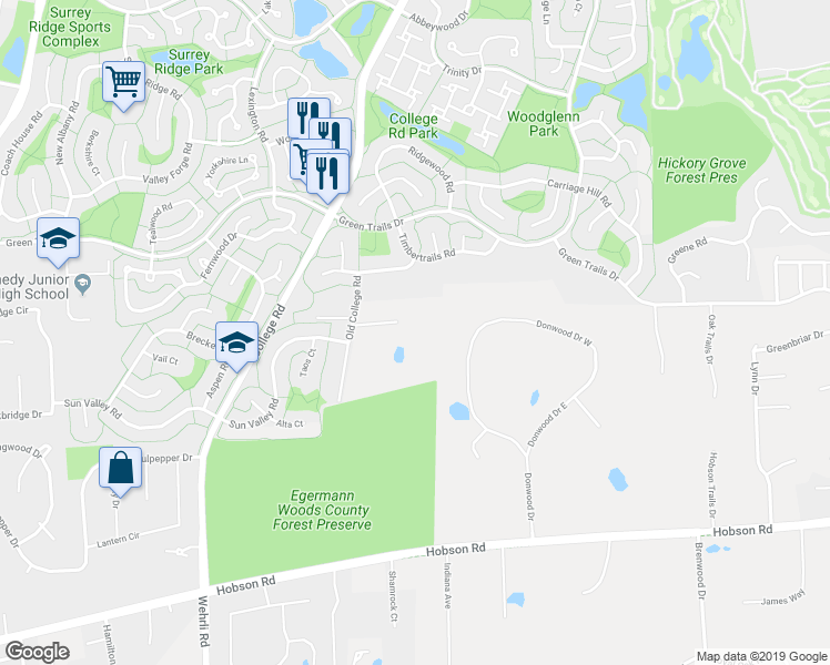 map of restaurants, bars, coffee shops, grocery stores, and more near 24W241 Kammes Drive in Naperville