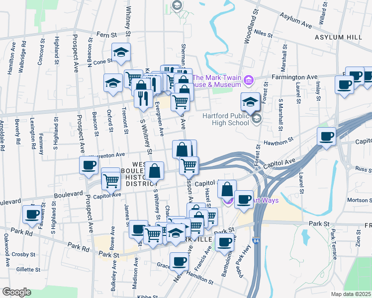 map of restaurants, bars, coffee shops, grocery stores, and more near 169 Sisson Avenue in Hartford
