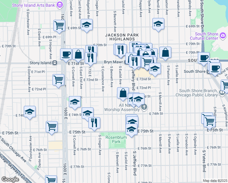 map of restaurants, bars, coffee shops, grocery stores, and more near 7245 South Bennett Avenue in Chicago