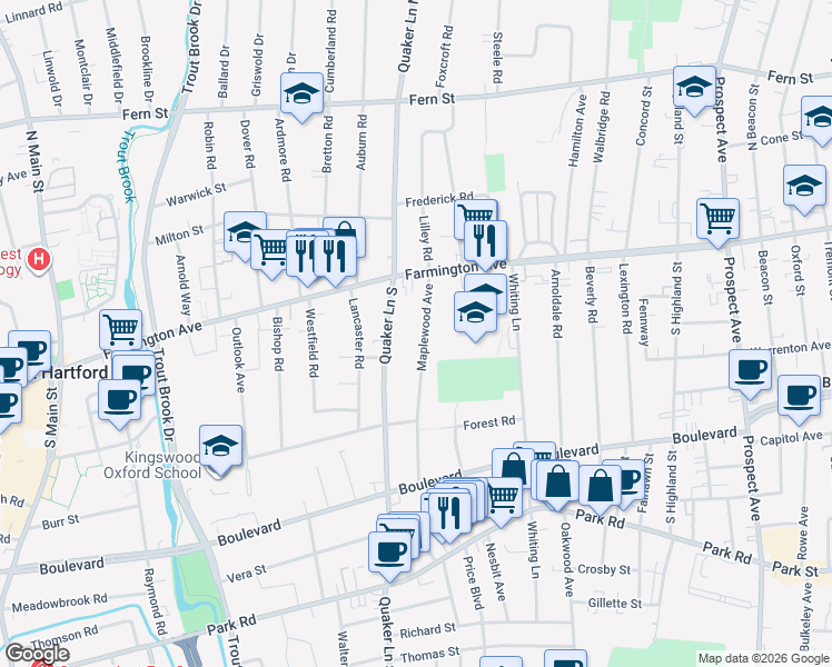 map of restaurants, bars, coffee shops, grocery stores, and more near 50 Maplewood Avenue in West Hartford
