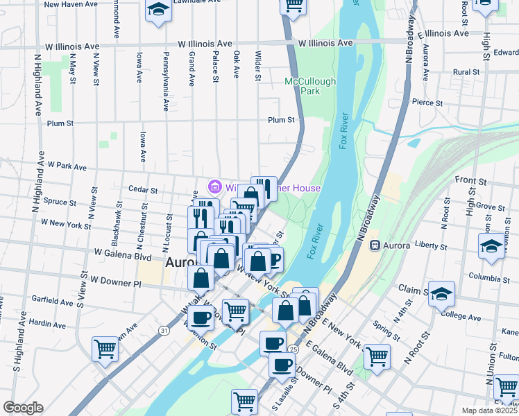 map of restaurants, bars, coffee shops, grocery stores, and more near 320 North Lake Street in Aurora