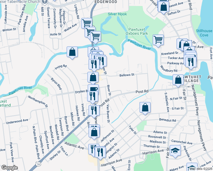 map of restaurants, bars, coffee shops, grocery stores, and more near 9 Vickery Street in Warwick