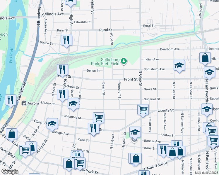 map of restaurants, bars, coffee shops, grocery stores, and more near 814 Grove Street in Aurora