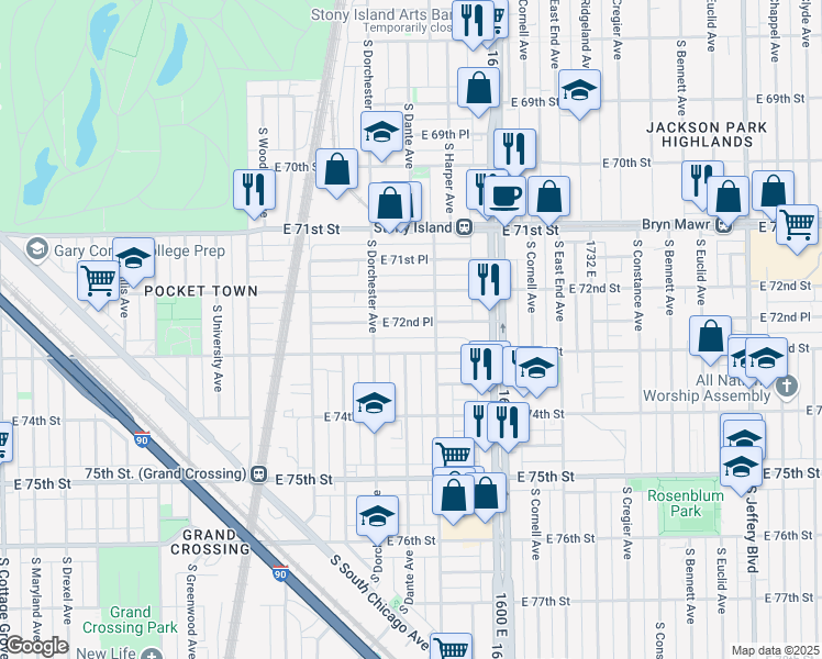 map of restaurants, bars, coffee shops, grocery stores, and more near 1437 East 72nd Place in Chicago