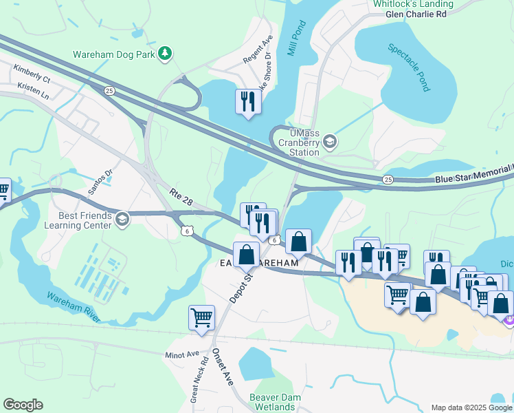 map of restaurants, bars, coffee shops, grocery stores, and more near 9 Glen Charlie Road in Wareham