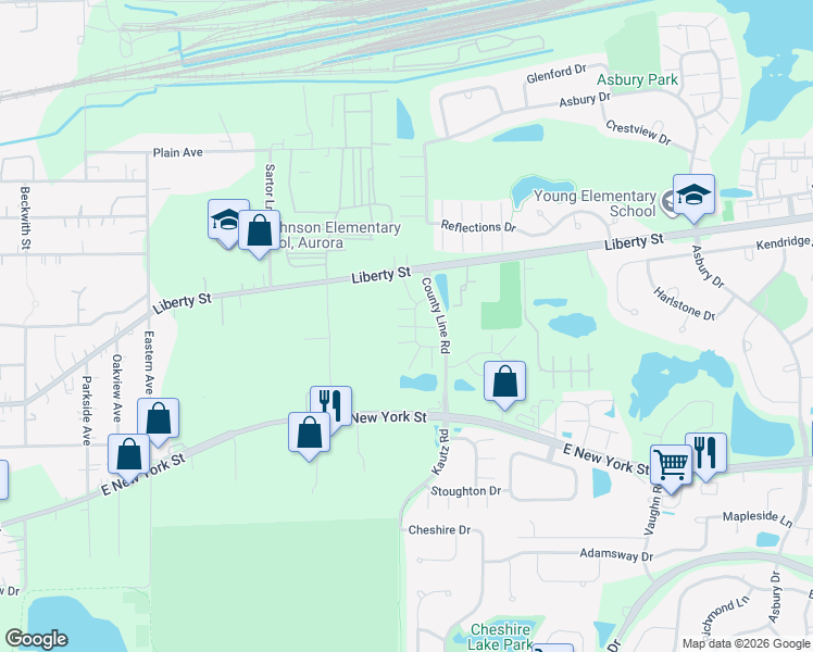 map of restaurants, bars, coffee shops, grocery stores, and more near 560 Declaration Lane in Aurora