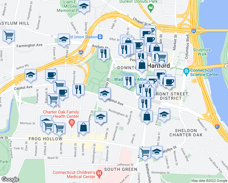 map of restaurants, bars, coffee shops, grocery stores, and more near 13 1/2 Clinton Street in Hartford