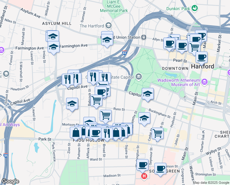 map of restaurants, bars, coffee shops, grocery stores, and more near 297 Capitol Avenue in Hartford