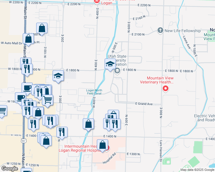 map of restaurants, bars, coffee shops, grocery stores, and more near 1695 North Research Parkway in North Logan
