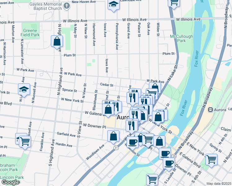 map of restaurants, bars, coffee shops, grocery stores, and more near 359 Spruce Street in Aurora