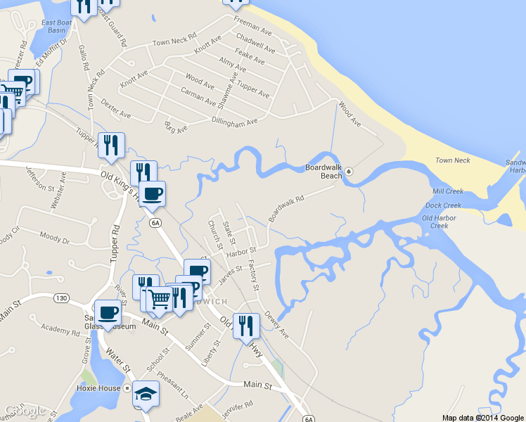 map of restaurants, bars, coffee shops, grocery stores, and more near 3 Boardwalk Road in Sandwich