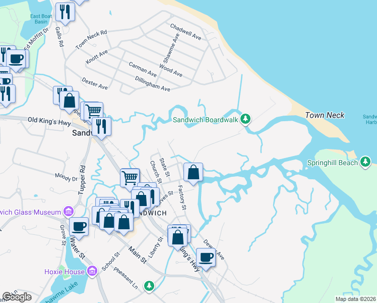 map of restaurants, bars, coffee shops, grocery stores, and more near 3 Boardwalk Road in Sandwich