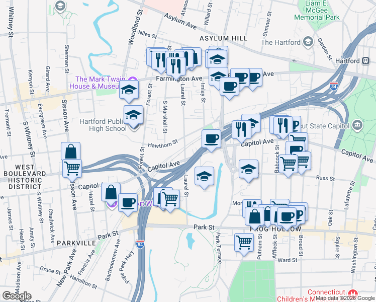 map of restaurants, bars, coffee shops, grocery stores, and more near 158 Laurel Street in Hartford