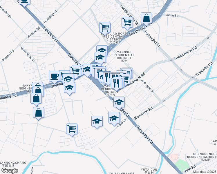 map of restaurants, bars, coffee shops, grocery stores, and more near Nanyanghu Street in Shenyang Shi