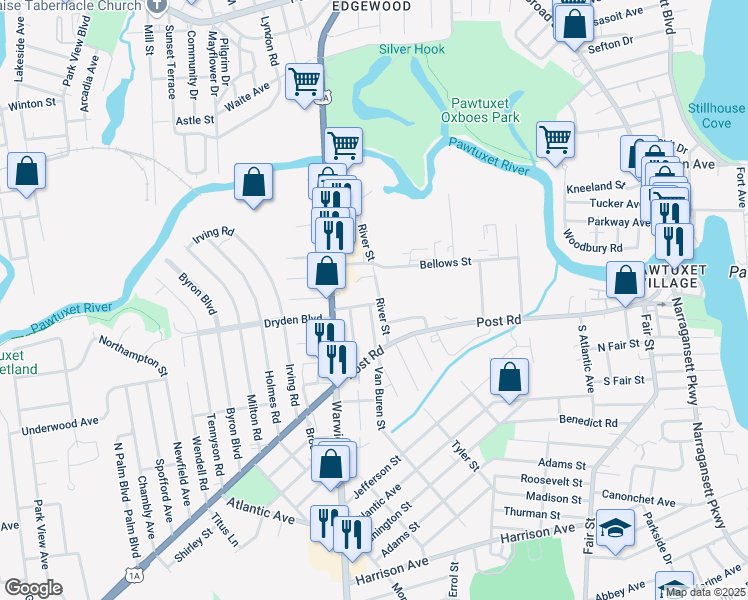 map of restaurants, bars, coffee shops, grocery stores, and more near 9 Vickery Street in Warwick