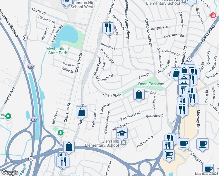 map of restaurants, bars, coffee shops, grocery stores, and more near 152 East Hill Drive in Cranston