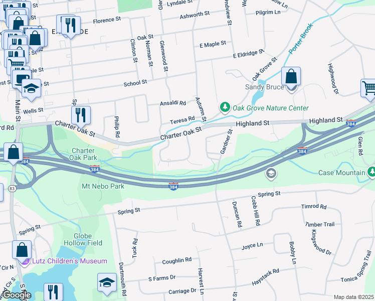 map of restaurants, bars, coffee shops, grocery stores, and more near 113 Sycamore Lane in Manchester
