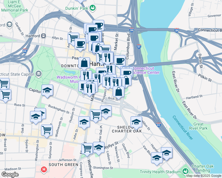 map of restaurants, bars, coffee shops, grocery stores, and more near in Hartford