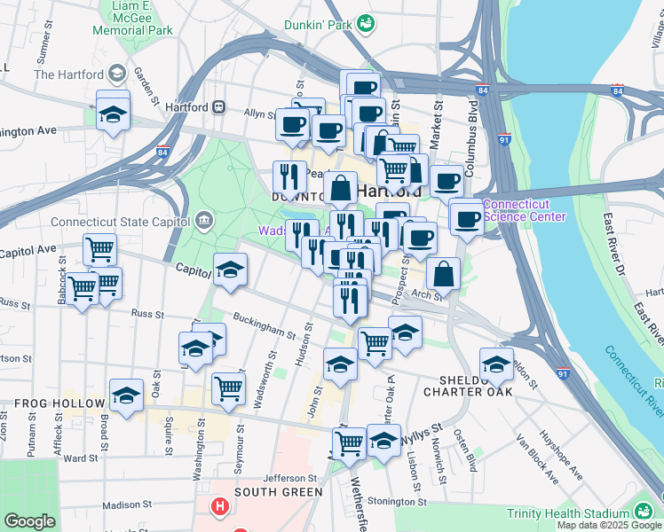 map of restaurants, bars, coffee shops, grocery stores, and more near 55 Elm Street in Hartford