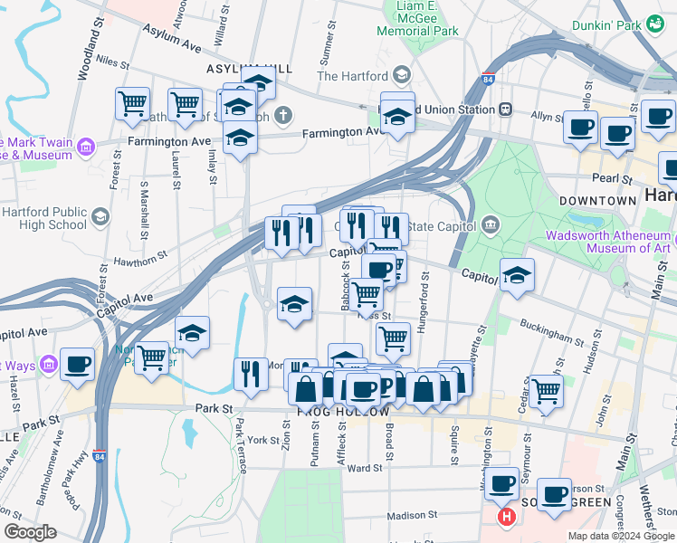 map of restaurants, bars, coffee shops, grocery stores, and more near 250 Putnam Street in Hartford