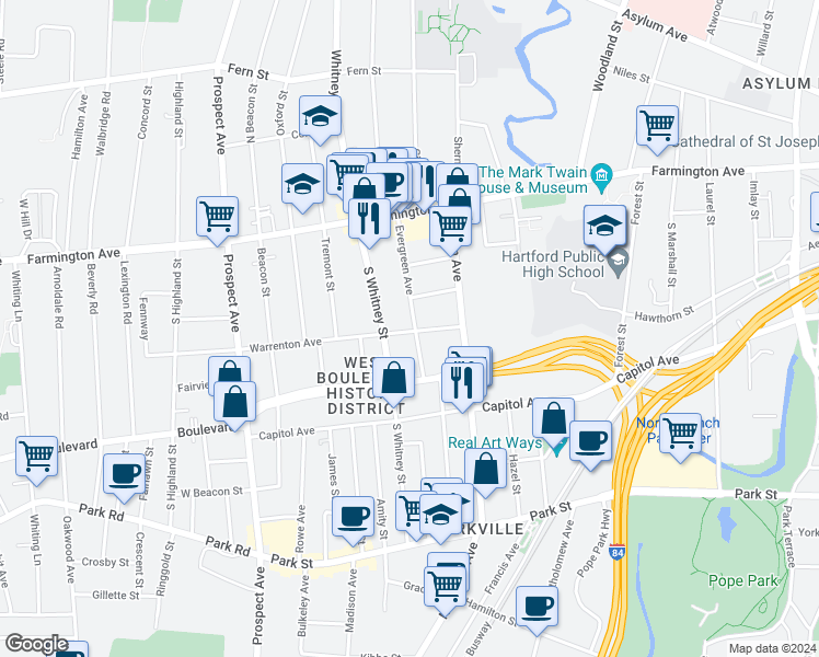 map of restaurants, bars, coffee shops, grocery stores, and more near 47 Warrenton Avenue in Hartford