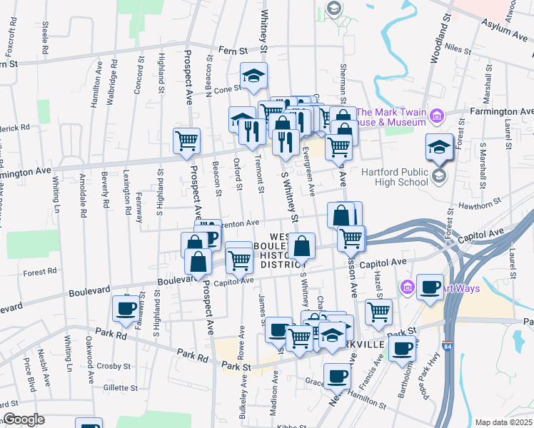 map of restaurants, bars, coffee shops, grocery stores, and more near 86 Warrenton Avenue in Hartford
