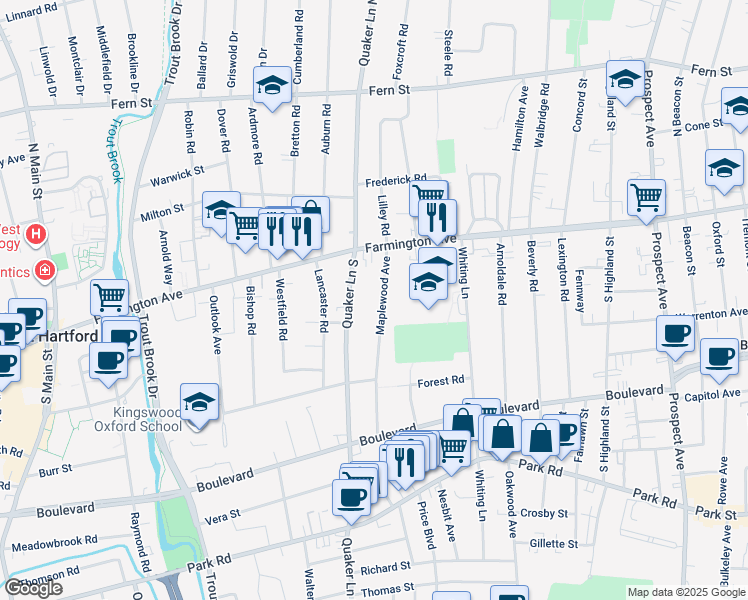 map of restaurants, bars, coffee shops, grocery stores, and more near 50 Maplewood Avenue in West Hartford