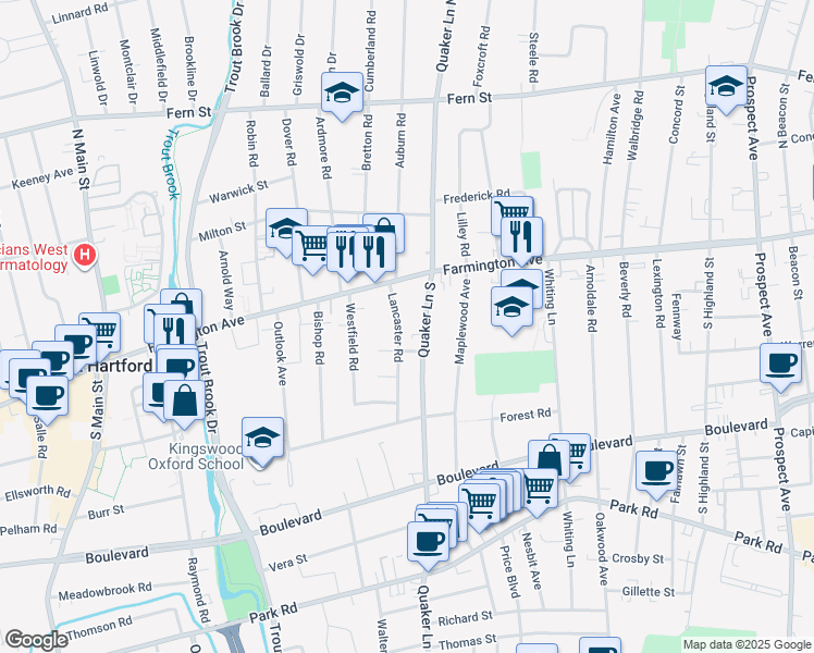 map of restaurants, bars, coffee shops, grocery stores, and more near 37 Lancaster Road in West Hartford