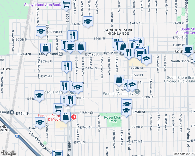 map of restaurants, bars, coffee shops, grocery stores, and more near 7243 South Ridgeland Avenue in Chicago