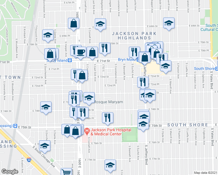 map of restaurants, bars, coffee shops, grocery stores, and more near 7243 South Ridgeland Avenue in Chicago