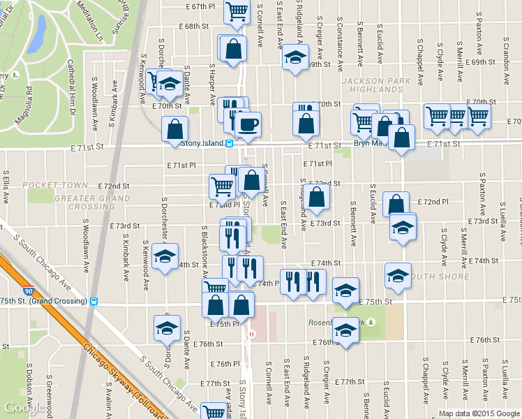 map of restaurants, bars, coffee shops, grocery stores, and more near 7240 South Cornell Avenue in Chicago