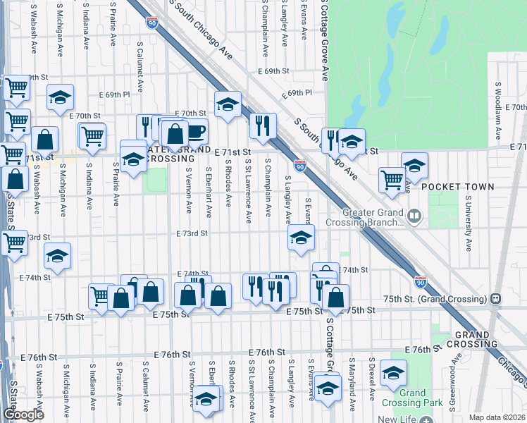 map of restaurants, bars, coffee shops, grocery stores, and more near 7231 South Champlain Avenue in Chicago