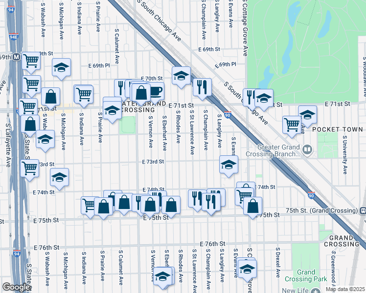 map of restaurants, bars, coffee shops, grocery stores, and more near 7230 South Saint Lawrence Avenue in Chicago