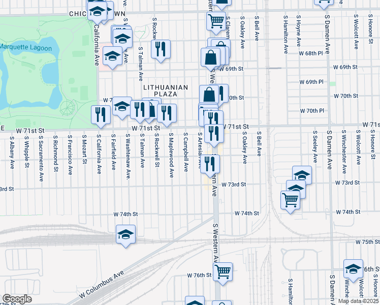 map of restaurants, bars, coffee shops, grocery stores, and more near 7157 South Campbell Avenue in Chicago