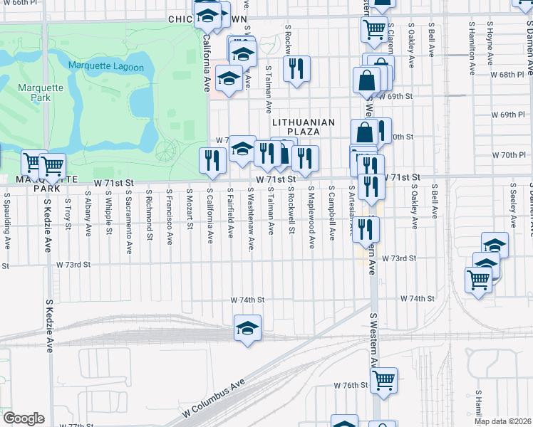 map of restaurants, bars, coffee shops, grocery stores, and more near 7151 South Washtenaw Avenue in Chicago