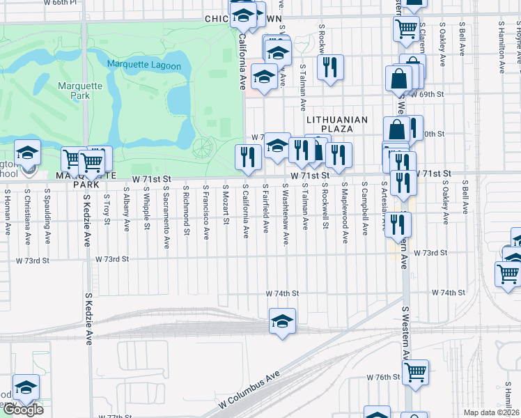 map of restaurants, bars, coffee shops, grocery stores, and more near 7151 South Fairfield Avenue in Chicago