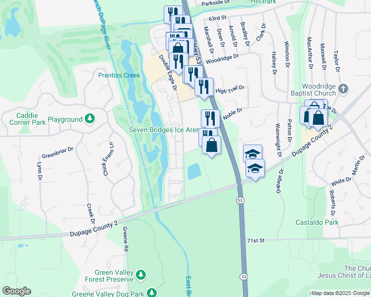 map of restaurants, bars, coffee shops, grocery stores, and more near 6693 Double Eagle Drive in Woodridge