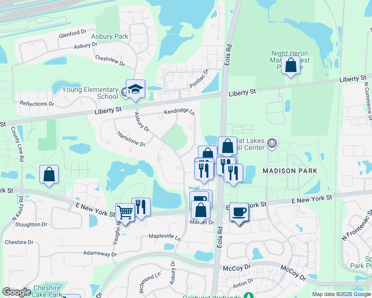 map of restaurants, bars, coffee shops, grocery stores, and more near 3005 Kendridge Lane in Aurora