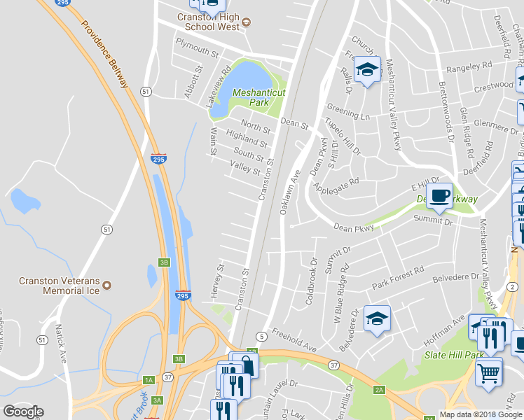 map of restaurants, bars, coffee shops, grocery stores, and more near 2334 Cranston Street in Cranston
