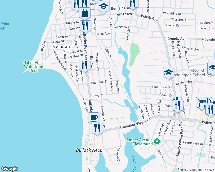 map of restaurants, bars, coffee shops, grocery stores, and more near 80 Hartford Avenue in East Providence