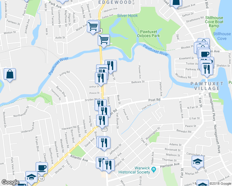 map of restaurants, bars, coffee shops, grocery stores, and more near 9 Vickery Street in Warwick