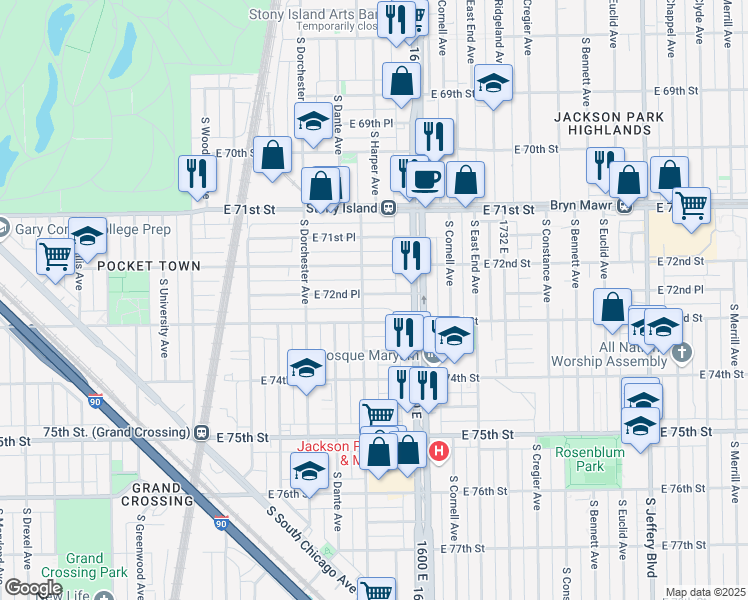 map of restaurants, bars, coffee shops, grocery stores, and more near 1511 East 72nd Place in Chicago