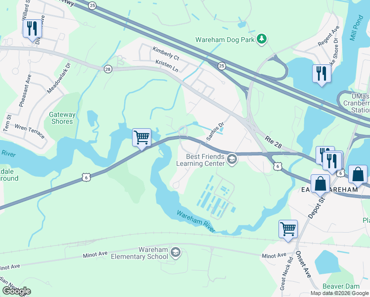 map of restaurants, bars, coffee shops, grocery stores, and more near 6 Ladd Avenue in Wareham