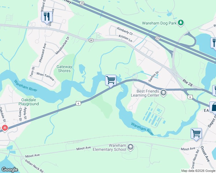 map of restaurants, bars, coffee shops, grocery stores, and more near 172 Sandwich Road in Wareham