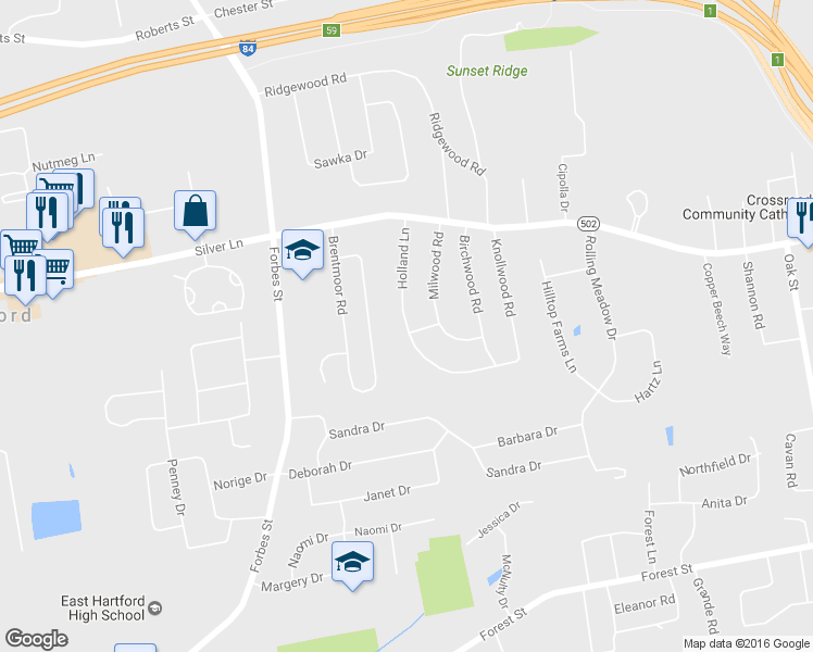 map of restaurants, bars, coffee shops, grocery stores, and more near 93 Holland Lane in East Hartford